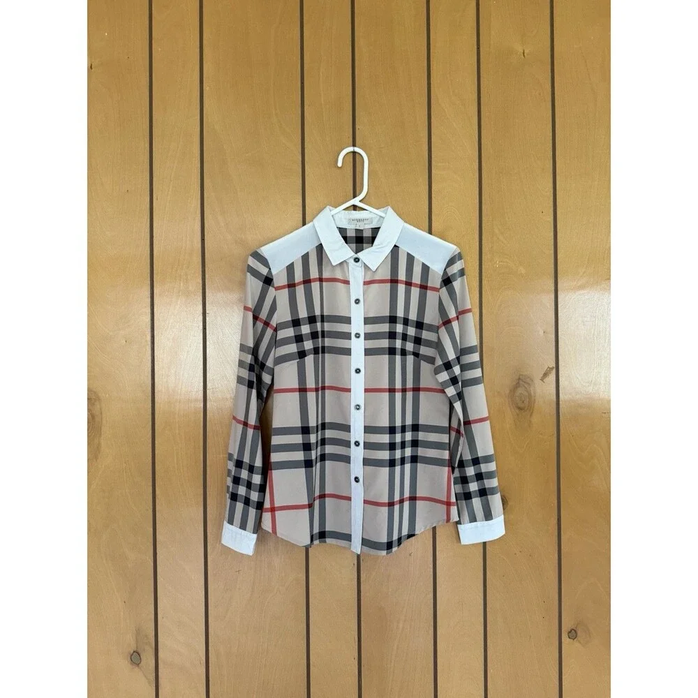 Burberry Brit Shirt Check Trim Women's Sz L Long Sleeve Cotton Career Designer - Picture 1 of 16